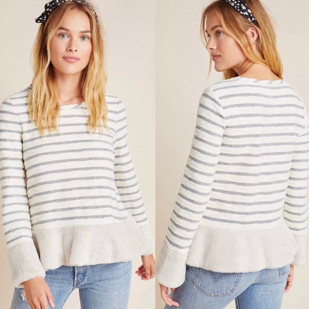 Maeve by Anthropologie Astor Faux Fur Trimmed Striped Pullover Top - Picture 1 of 12